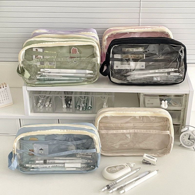 

1 Piece Ins Simplicity Style Student Girl Pencil Case Solid Color Transparent Pen Bag Large Capacity Stationery Storage Bag