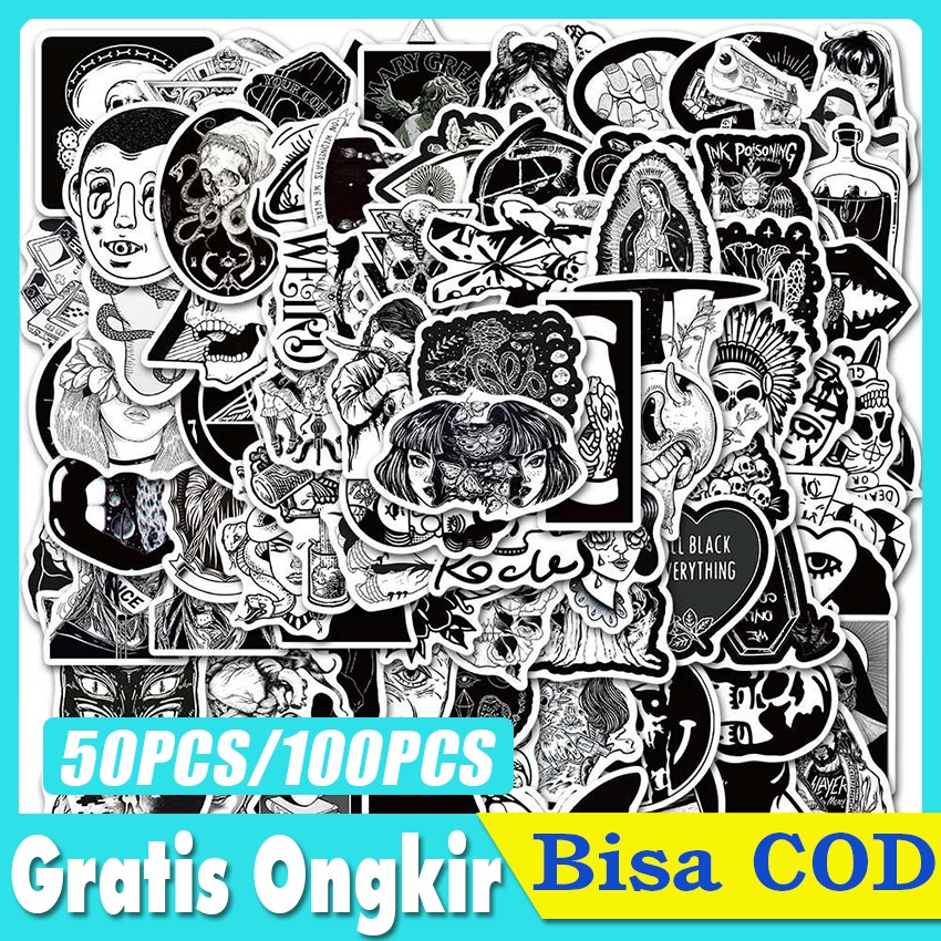 

100Pcs Sticker Biker gothic Graffiti Horor Dan Thriller Warna Hitam Putih Untuk Laptop Sepeda Skateboard Mobil