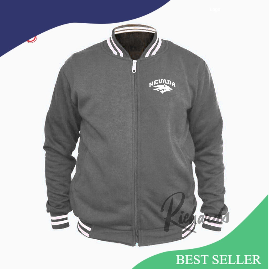 JAKET BASEBALL VARSITY PRIA & WANITA NEVADA (ZIPPER) /SWEATER/BOMBER/HOODIE./Grey