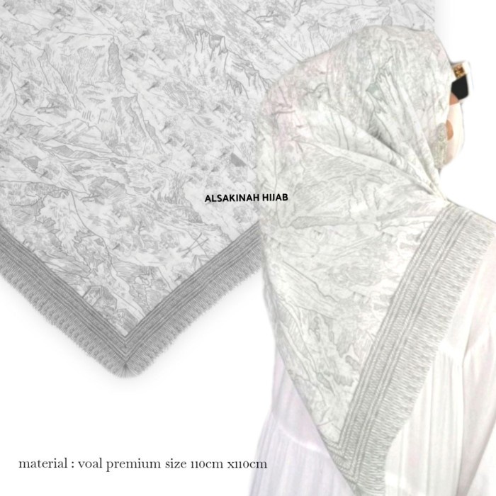 KERUDUNG HIJAB SEGIEMPAT VOAL MOTIF DEEKA KW PREMIUM WAFFA 40 - Putih