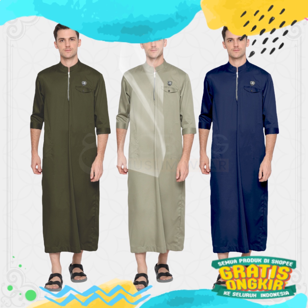 AL MUSLIM Jubah Polos Lengan 3 per 4 Gamis Pria Dewasa Katun Toyobo Premium Sage Army Navy Hitam Cok