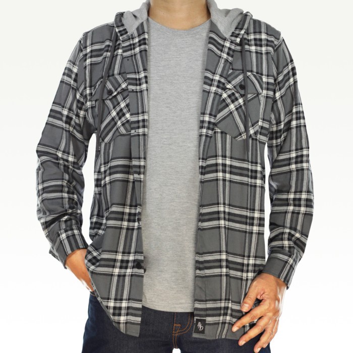 Kemeja Flanel Kaos 2in1 Big Size Jumbo Hem Kotak Casual Kerja Hoodie - Abu-abu, 4XL