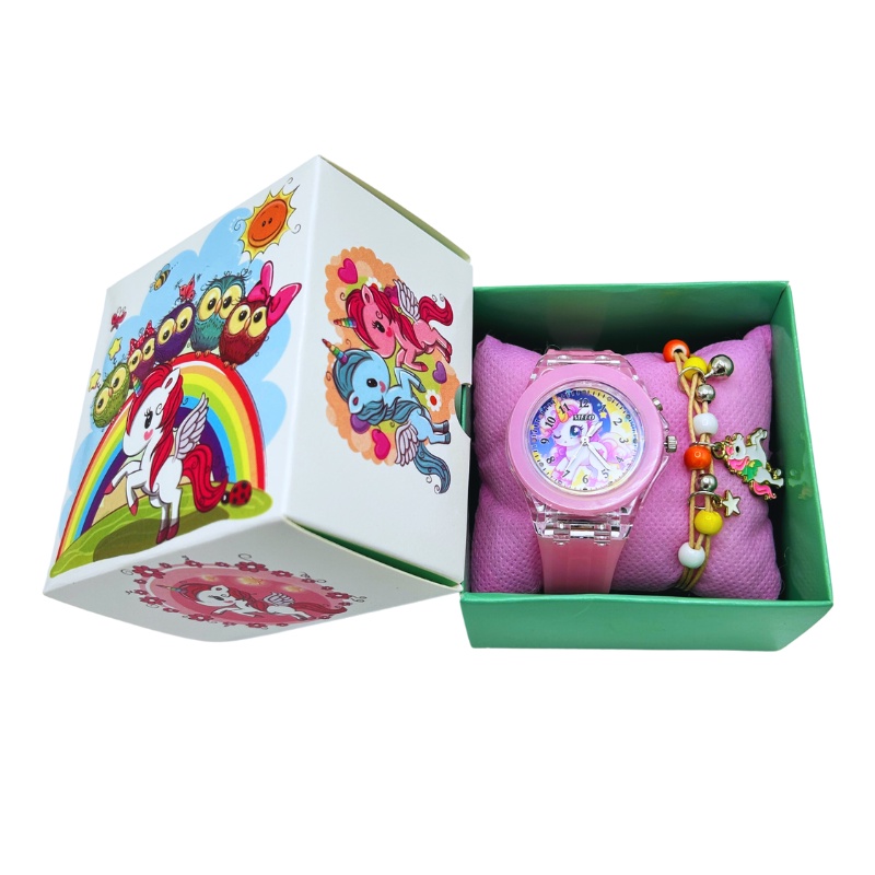 【Set Kado】  jam anak tk perempuan Jam Tangan Anak unicorn Fashion Baru Warna LED Bercahaya Jam Tangan Kartun Gadis Berkilau