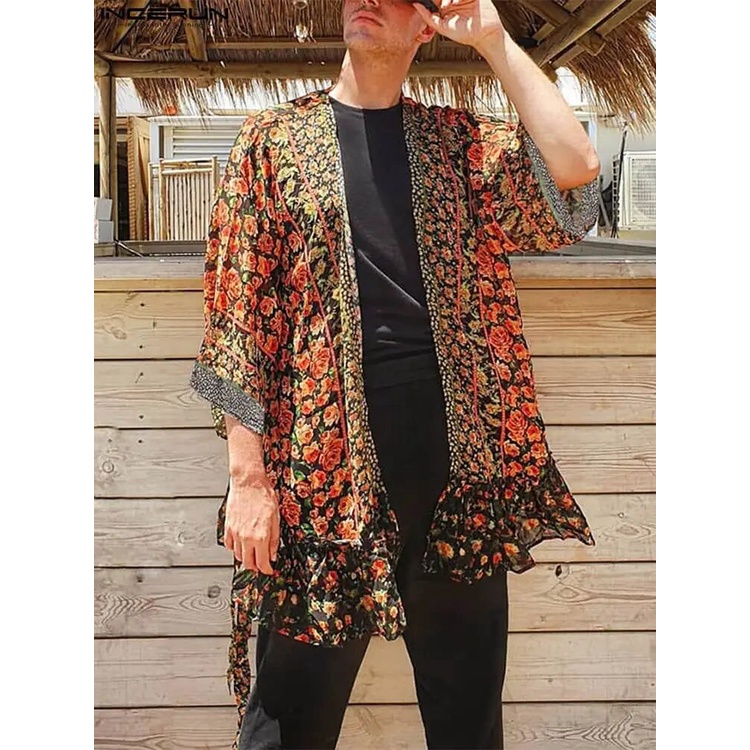 INCERUN Kemeja Pria 2022 Kardigan Lengan 3/4 Motif Bunga Jahitan Terbuka Baju Jalan Kasual Kimono Ke