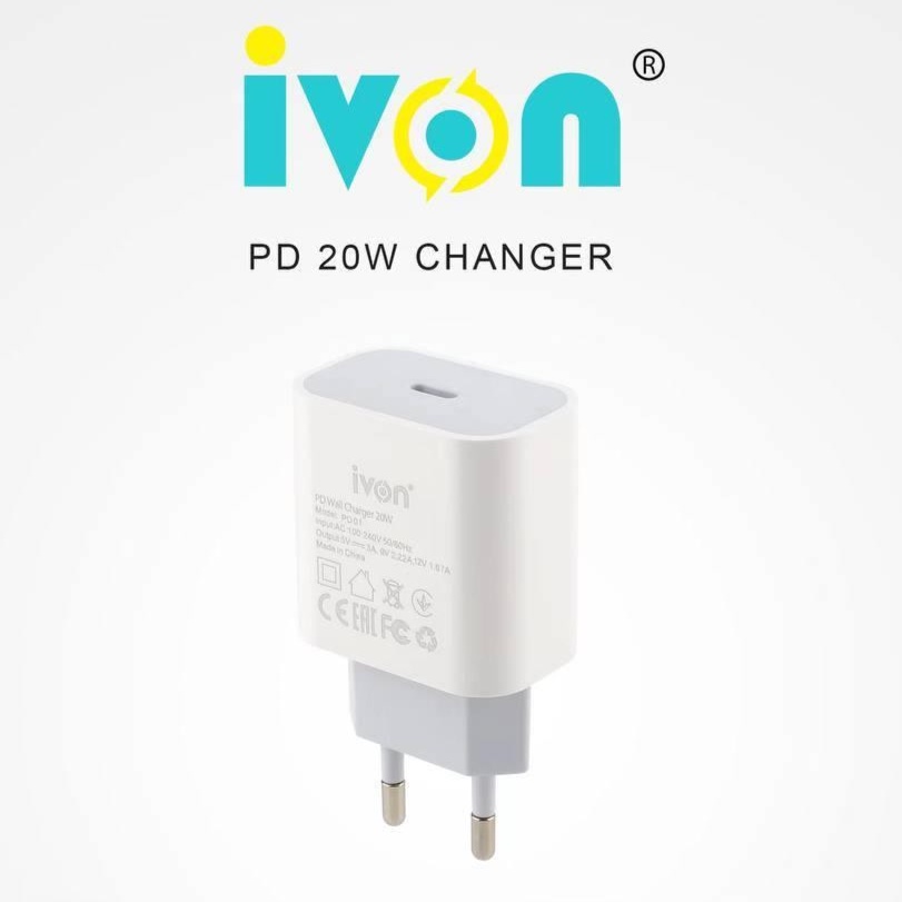 iVON PD 20W High-power Fast Charger TYPE-C ADAPTER CHARGER COMPATIABLE WITH IOS & ANDROID HP Kepala/