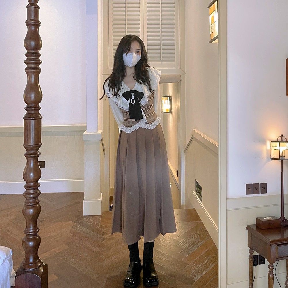 Autumn French Vintage Academy Style Shirt Skirt Two Piece Lace Lace Plaid Vest Set for Women