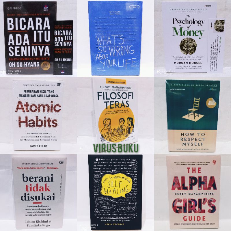 

Buku Motivasi Bestseller Bicara Itu Ada Seninya, Your Life, The Pyshology Of Money, Atomic Habits, Filosofi Teras, How To Respect Myself, Berani Tidak Disukai