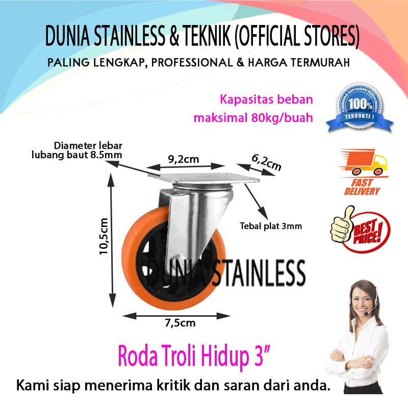 Roda Troli Hidup 3 inch|pintu|pagar|besi|teknik|interior|kayu