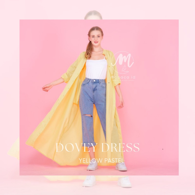 Dress Dovey baby Kuning Yellow Pastel Muda Polos Full kancing Hidup bisa jadi outer hijab dan non hi