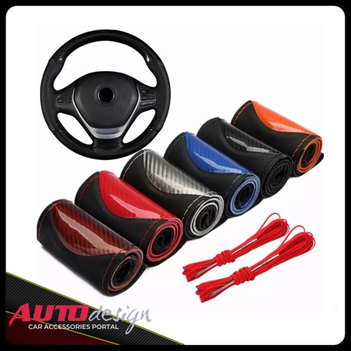 Sarung Cover Stir Mobil Bahan Kulit Karbon dengan Benang Jahit DIY - Hitam