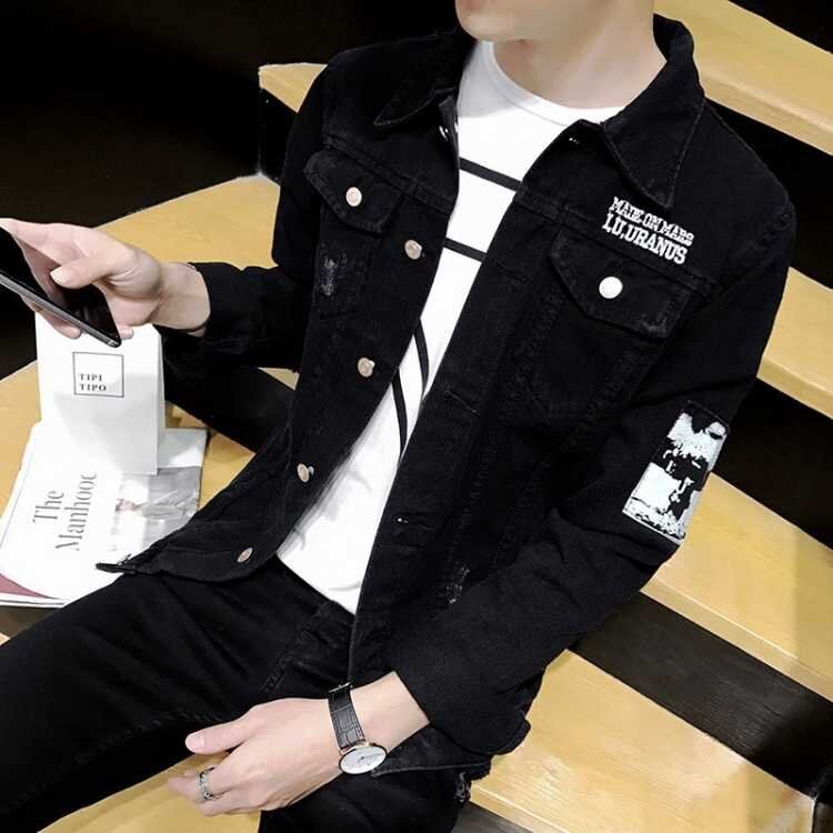 Black denim jacket, men's slim fit denim jacket, denim jacket