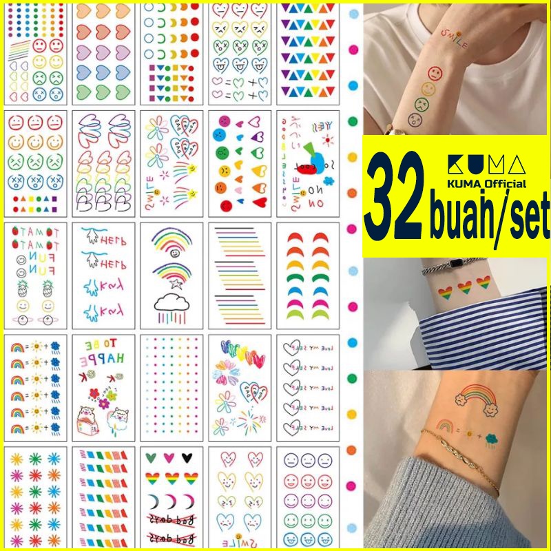 32 Buah/Set Grosir Termurah Tato Aesthetic Lucu Berwarna - Tato Temporer motif kecil anak