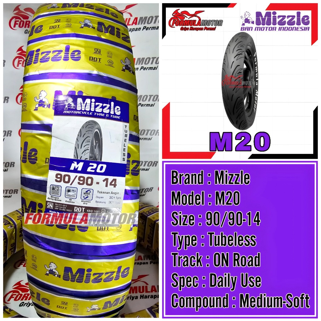 90/90-14 Ban Mizzle M20 Ring 14 Tubeless (Profil Donat) Ban Belakang Motor Matic Beat, Vario, Scoopy, Spacy, Genio Tubles