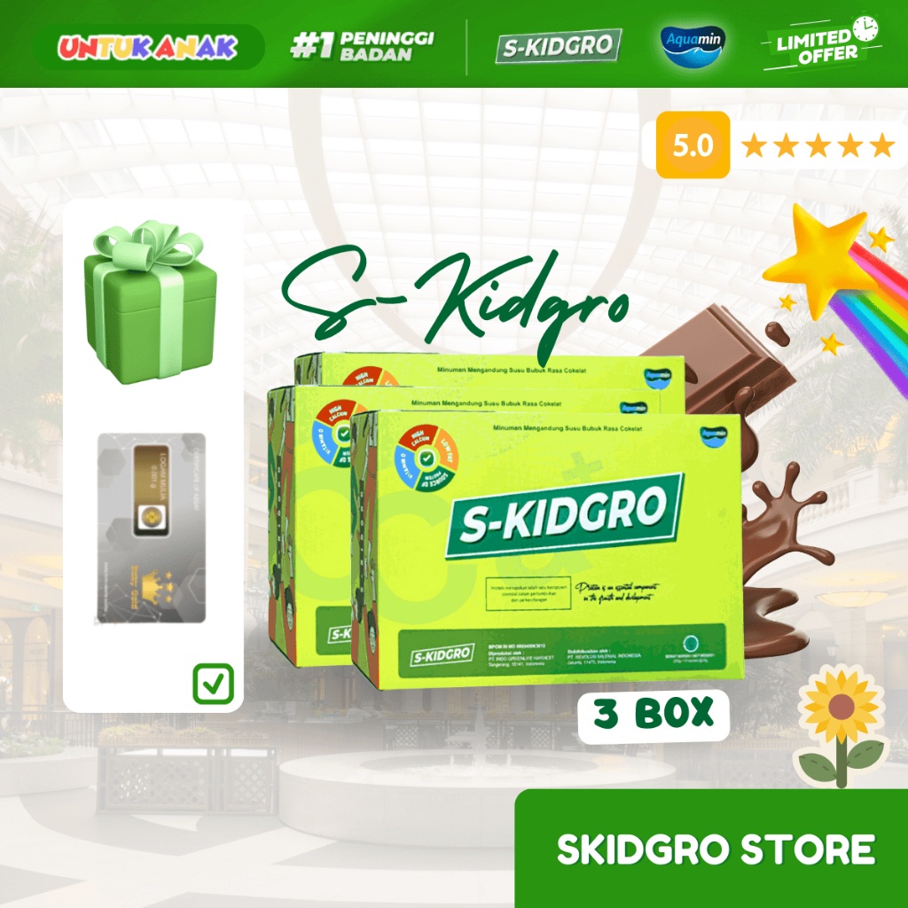 

S-KIDGRO PENINGGI BADAN ANAK SUSU SKIDGROW FULL KALSIUM PROTEIN & DHA ( 3 BOX ISI 30 SACHET ) FREE MINI EMAS! BISA COD! ORY