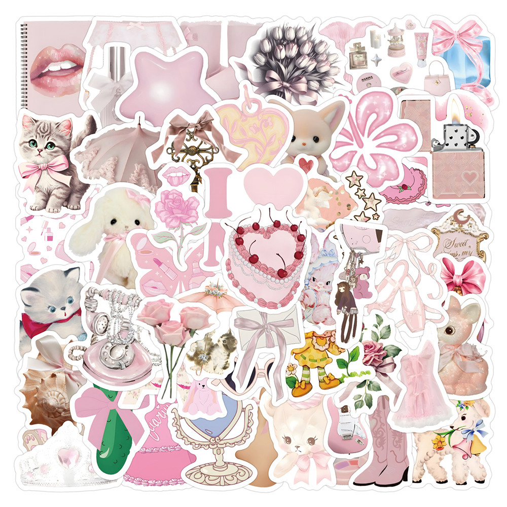 

10/30/60pcs INS Style Pink Coquette Stickers Aesthetic Cartoon Decoration Decals Waterproof DIY Stationery Laptop Kawaii Sticker