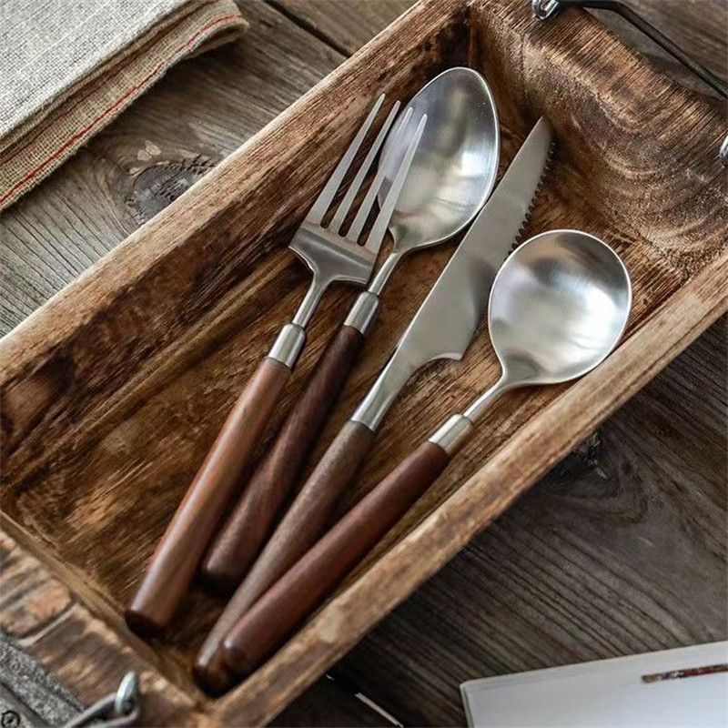 

Retro Tableware Set 304 Stainless Steel Walnut Handle Cutlery Set Solid Wood Tableware Knife Fork High-end Luxury Tableware Set