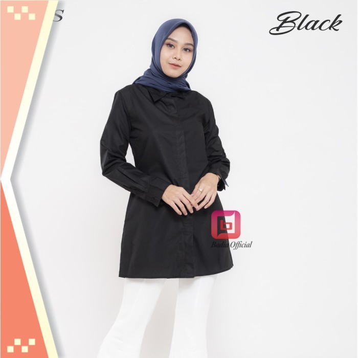 Tunik Premium Korean Style /kemeja tunik hitam polos panjang kancing nututupi bokong pantat wanita -
