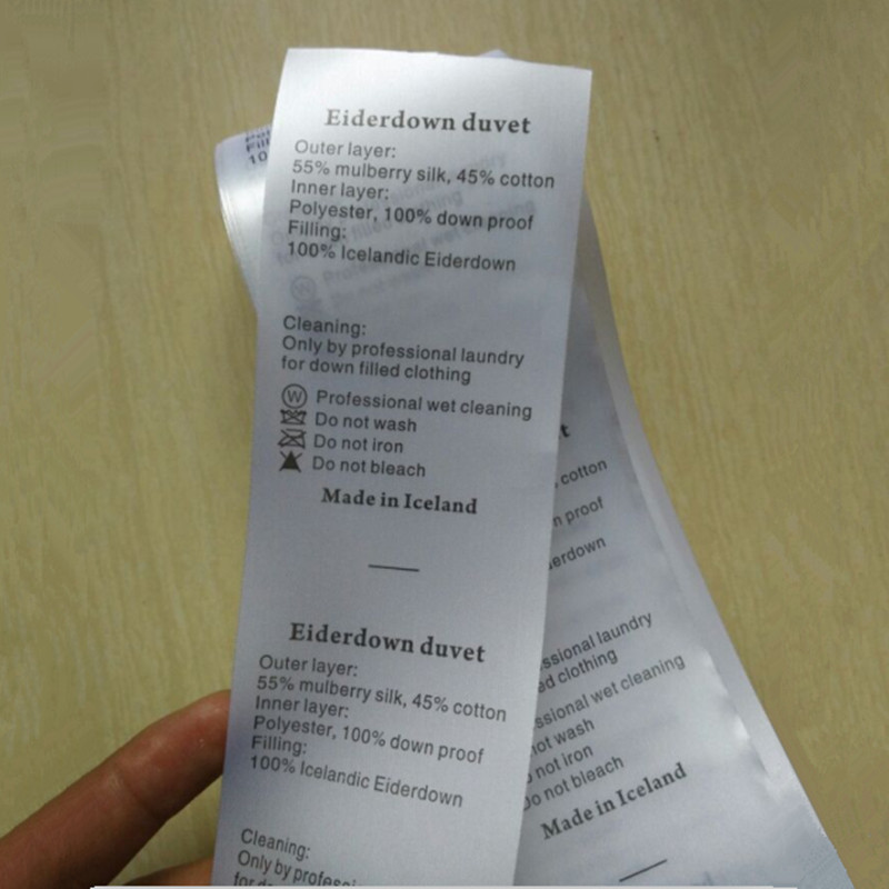 

500PCS Custom Roll satin Print washing labels for down duvet 6 * 10 cm big size White woven shirt care label