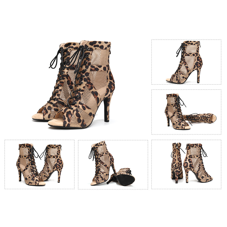 DKZSYIM Woman Latin Dance Shoes Leopard Party Dance Boots for Ladies High Heels Mesh Boots Girls Bal