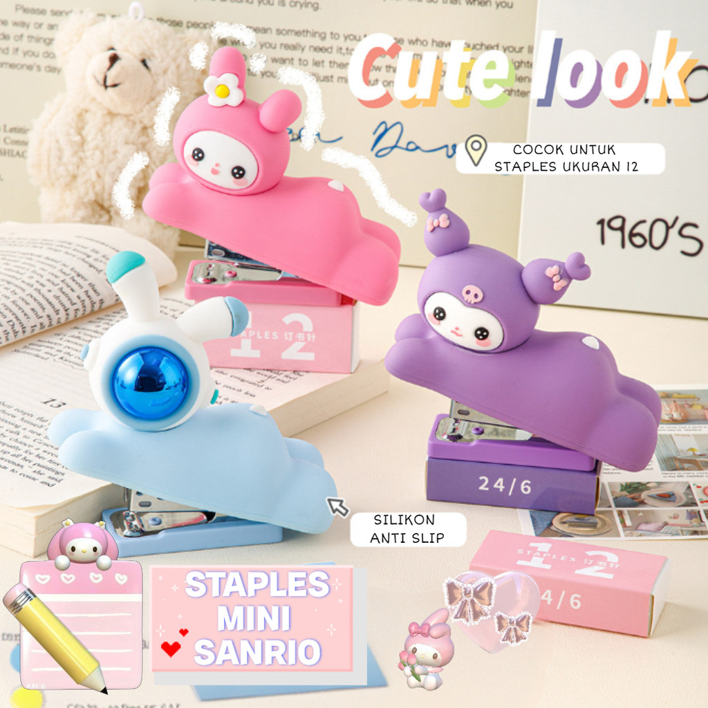 

BEST! STAPLES MINI / STEPLER HEKTER MINI BENTUK KUROMI DAN KUCING PUTIH BERBAHAN SILIKON YANG LUCU