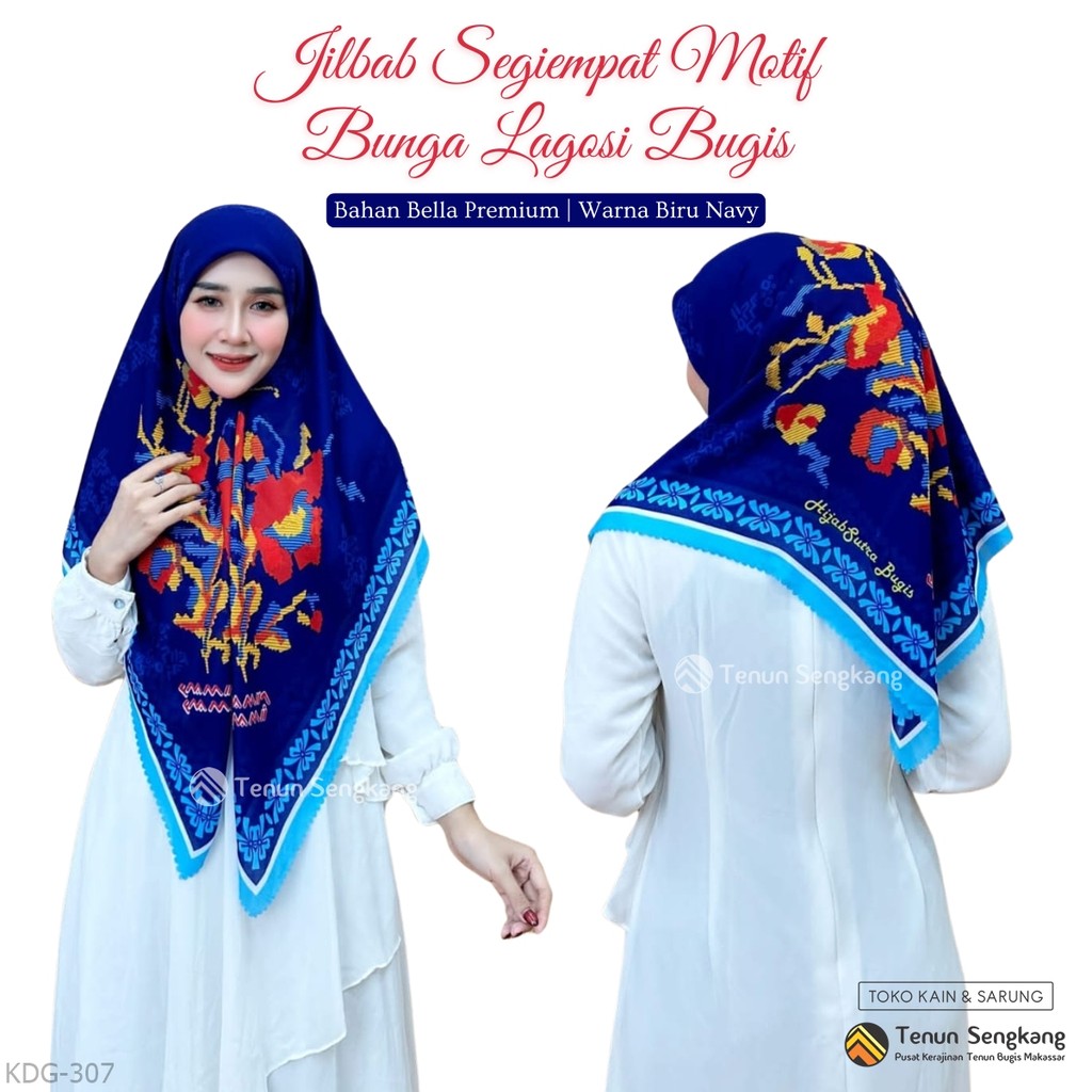 Jilbab Hijab Kerudung Motif Bunga Lagosi Bugis Bella Premium Segiempat Biru Navy Ukuran Reguler - Te