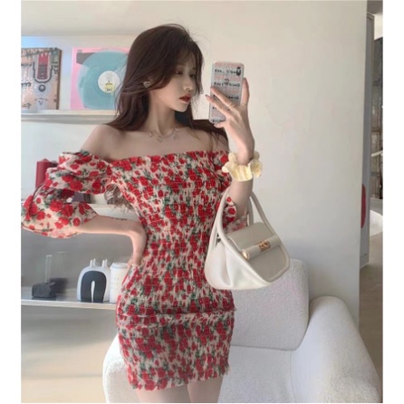 Mini Bodycon Dress Rok Pendek Motif Bunga Merah Lengan Balon - Dres Gaun Baju Pakaian Busana Import 