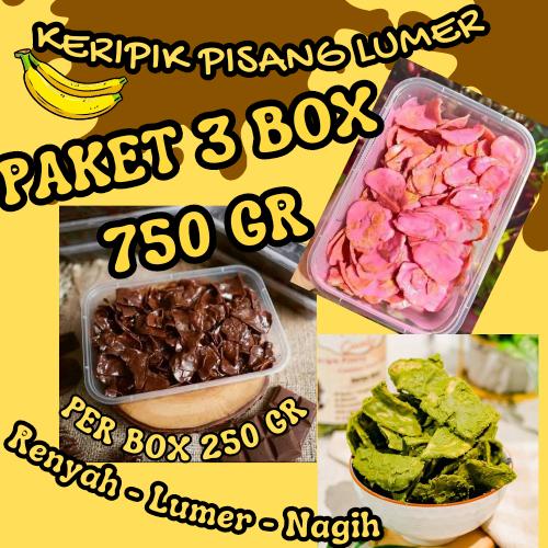 

BANANA CHIPS PAKET 3 BOX 750 GRAM KERIPIK PISANG LUMER COKLAT CEMILAN VIRAL KEKINIAN