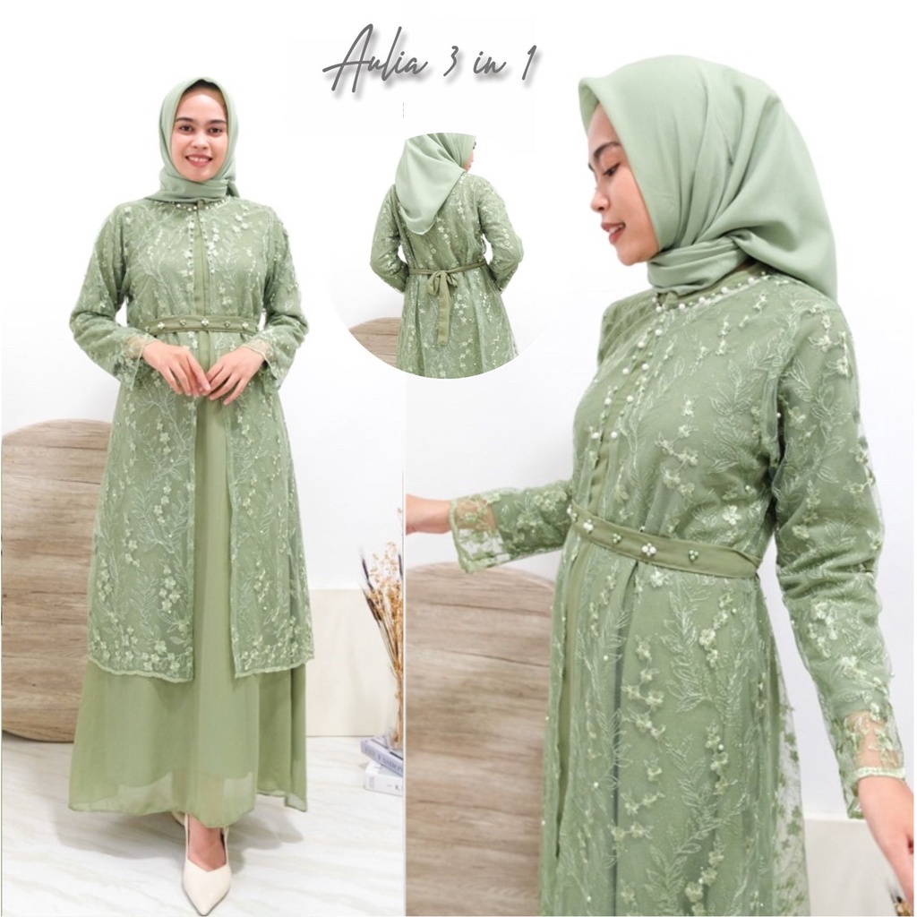 TERBARU AULIA 3 IN 1 MAXI | DRESS OUTER TILLE MUTIARA ROMPI BRUKAT PREMIUM GAMIS KONDANGAN GAMIS PES