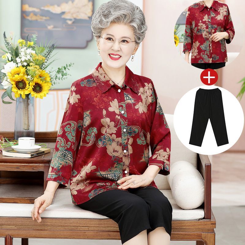 Pakaian Musim Panas Orang Tua, Pakaian Musim Panas Ibu Wanita, Tops Lengan Wanita Tua Tiga Kuartal, 