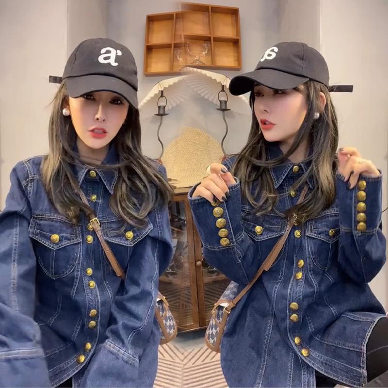 Women's fashion patchwork pocket shirt polo neck denim top jacket