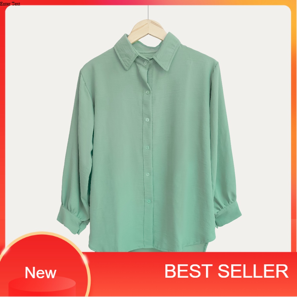 BasicbyMe Kemeja Overseize Wanita Polos Lengan Panjang Bahan Crinkle Warna Sage Green/ spesial 11.11