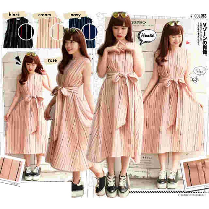 Gaun Kutungan Wanita You Can See Dress Striped Sleeveless with Belt LCK1899