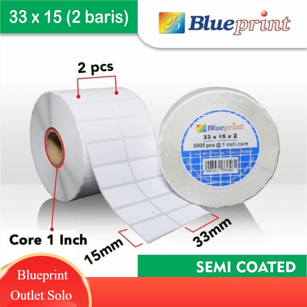 

Blueprint Sticker Label 33 x 15mm x 2 Baris Semi Coated Stiker Barcode Blueprint Outlet Solo