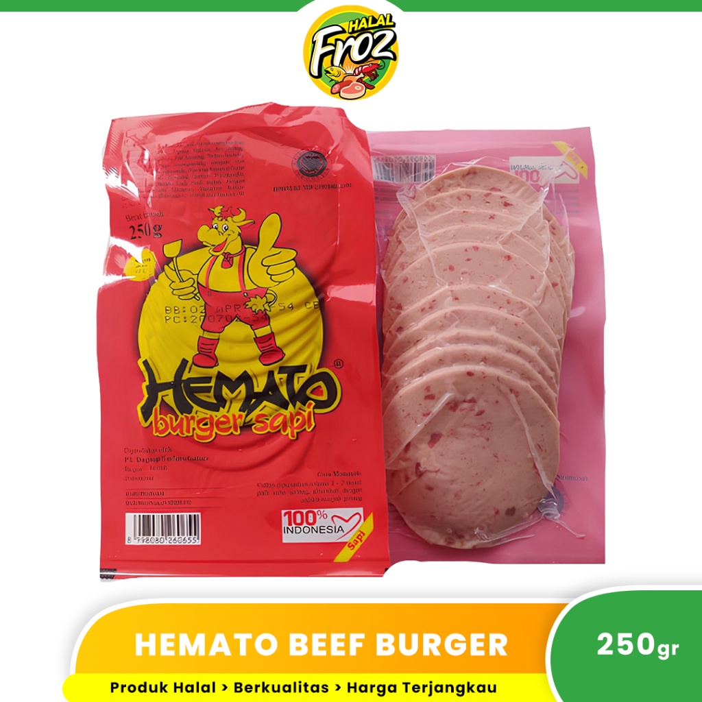 

Beef Burger Hemato Daging Burger Sapi Kemasan 250gr Isi 10 Pcs HFPRS