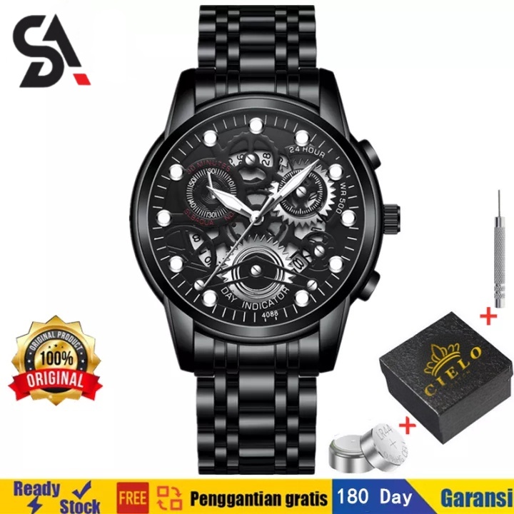 4088 Jam Tangan Pria Luxury Stainless Steel Quartz Original Anti Air Watch + Kotak Gratis