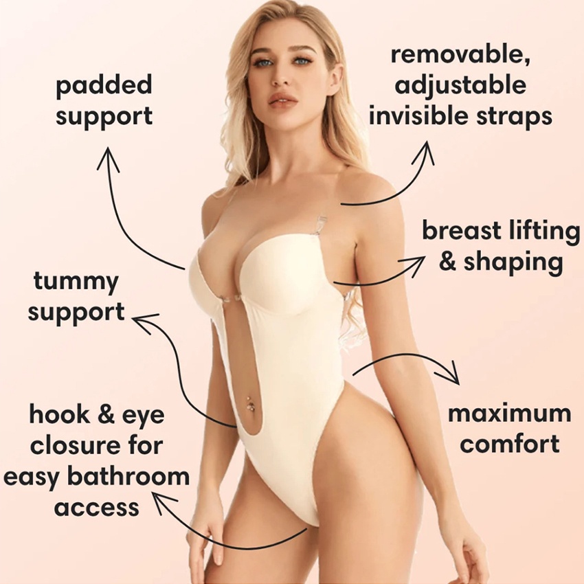 RB Women Shapewear Bodysuit Shapewear Deep V-Neck Body Shaper Backless V Bra Backless Bodysuit