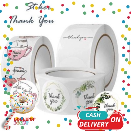 

L&D" Sticker Thank You 1 Roll 500PCS Stiker Label Makanan Tulisan Segel Ucapan Terima Kasih / Stiker Label Thankyou Kemasan Packing Serbaguna