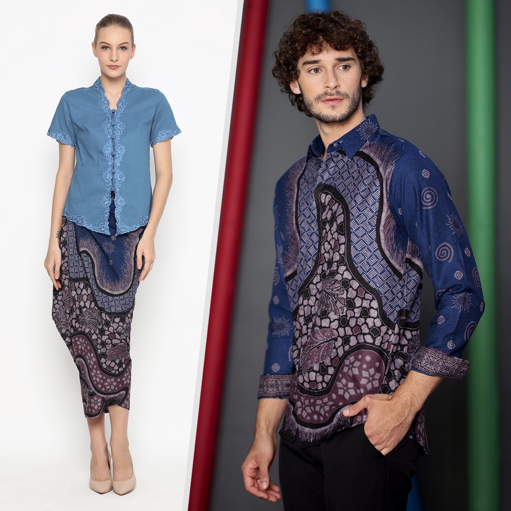 BAJU BATIK COUPLE Kemeja Rok Lilit Batik Pria Lengan Panjang Slimfit Premium Motif Elegant Biru Dong