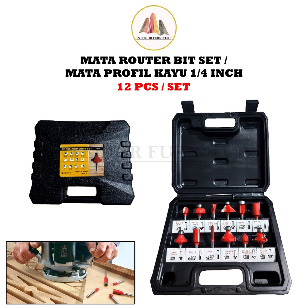 Mata Router Trimmer Kayu SET 12 pcs router set mata profil trimmer Router Bits Set 1/4” Kayu Router