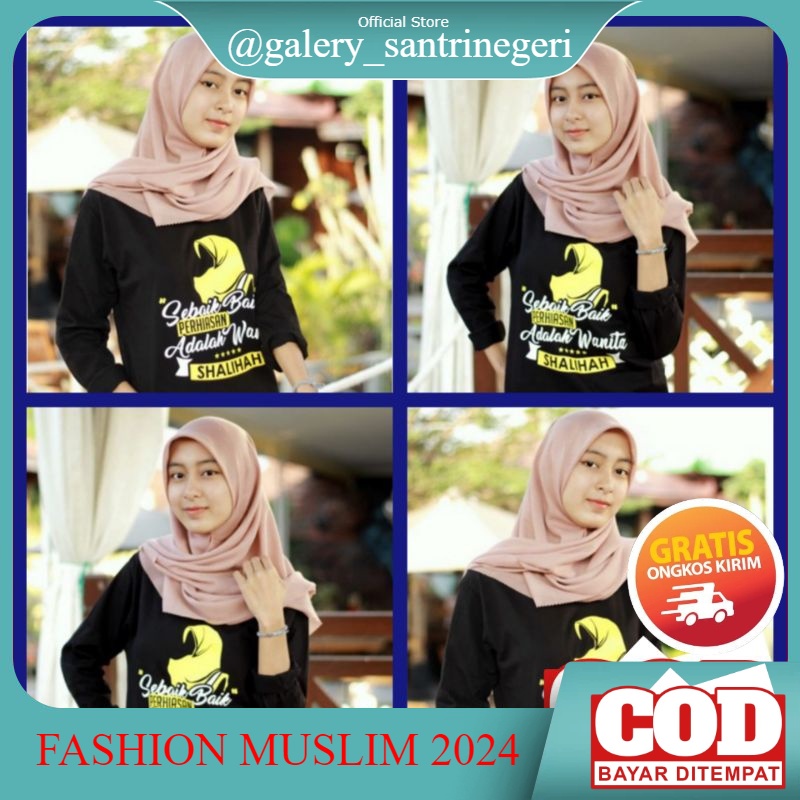 Baju Kaos Santri Motif Wanita Sholehah Ukuran S,M,L dan XL Lengan Panjang Salafi Salafy Request Nama