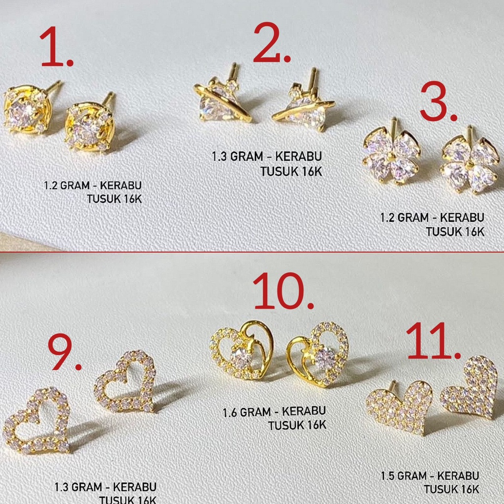 Anting duduk anak dan dewasa emas asli kadar 700 70 16k kerabu giwang tusuk paku clover kupu2 winter
