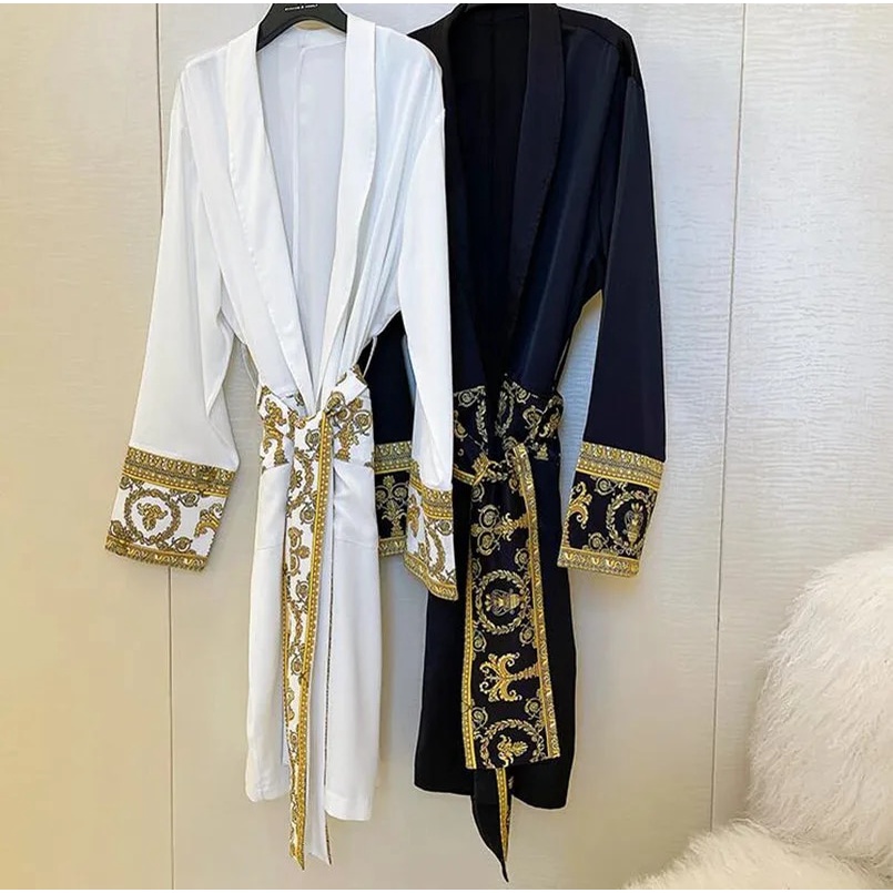 Luxury New Light Black Gold Printing Trend Robe Wearing Windbreaker Palace Fashion Home Long Men Wom