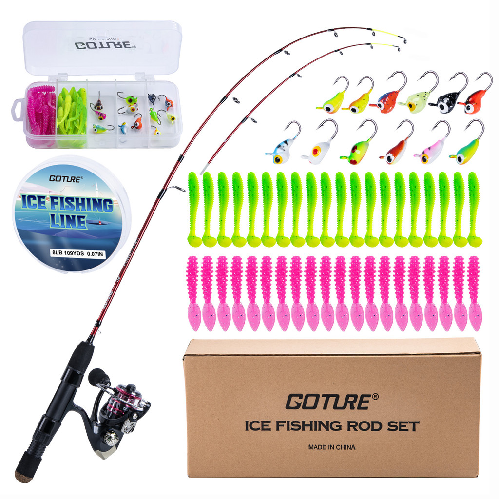 Goture 31”2 Tips Ice Fishing Rod Set M Carbon + MH Fiberglass Ultralight Pole with Trolling Reel Fis