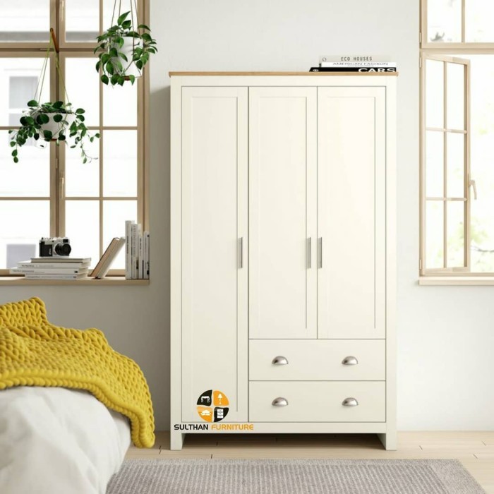 Lemari Pakaian Minimalis 3 Pintu 2 Laci - Almari Shabby Kayu Mahoni