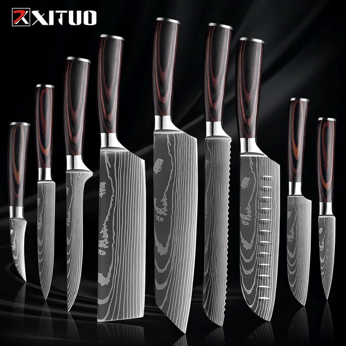 Pisau Dapur Daging Serbaguna Bilah Lebar Tajam Damascus Pattern Stainless Steel 5Cr15, Gagang Kayu E