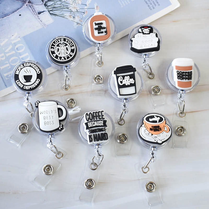 

Coffee Cup Badge Holder Student Doctor Nurse ID Holder Reel Clip Cute Cartoon Embroidery Coffee Cup Shape Pull Buckle
