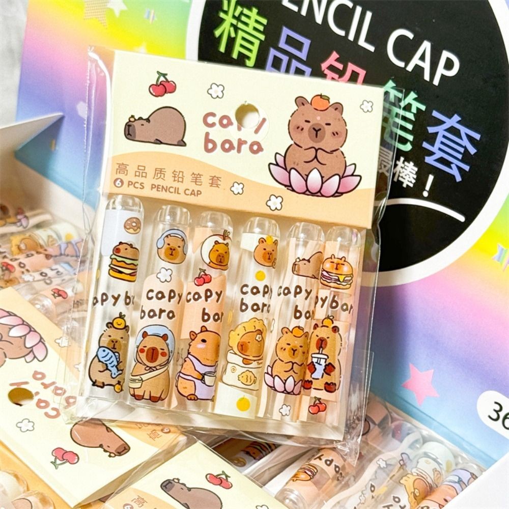 

6PCS Stationery Cute Capybars Pencil Cap Kawaii Non Toxic Pencil Topper Covers Transparent Cartoon Pencil Extender Kids