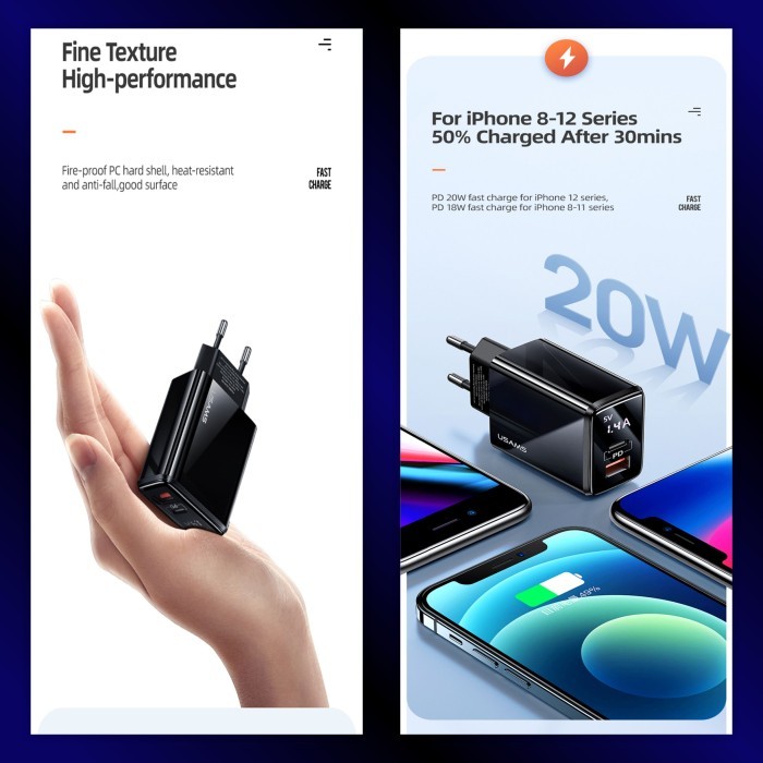 USAMS T40 Adapter Charger Fast Charge Dital Display QC3.0 PD 20W - Adapter T40