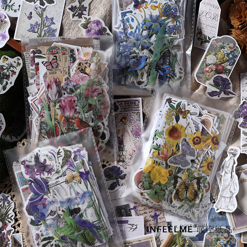 

4Style 80Pcs/bag Vintage Botanical Flower Theme Handbook Material Pack DIY Decorative Backing Paper Scrapbook Photo Frame