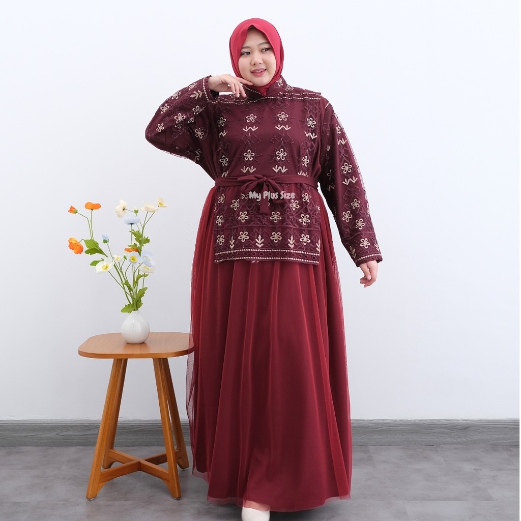 Gamis Vest Brukat Tile Jumbo Wanita 3892, Ld 135 cm & 150 cm / Gamis Eid Series Jumbo Wanita